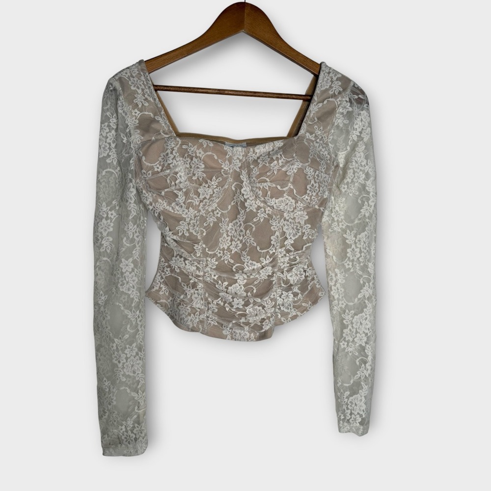 Fairy Cottagecore Victorian Romantic Cream Nude Sheer Lace Top Shirt Medium